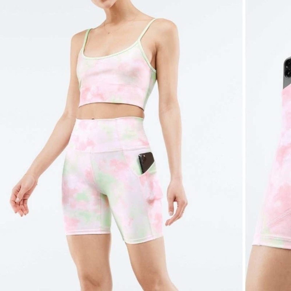 Fabletics Pureluxe Tie Dye Bike Shorts Pink and Green Pockets High Waist 3XL